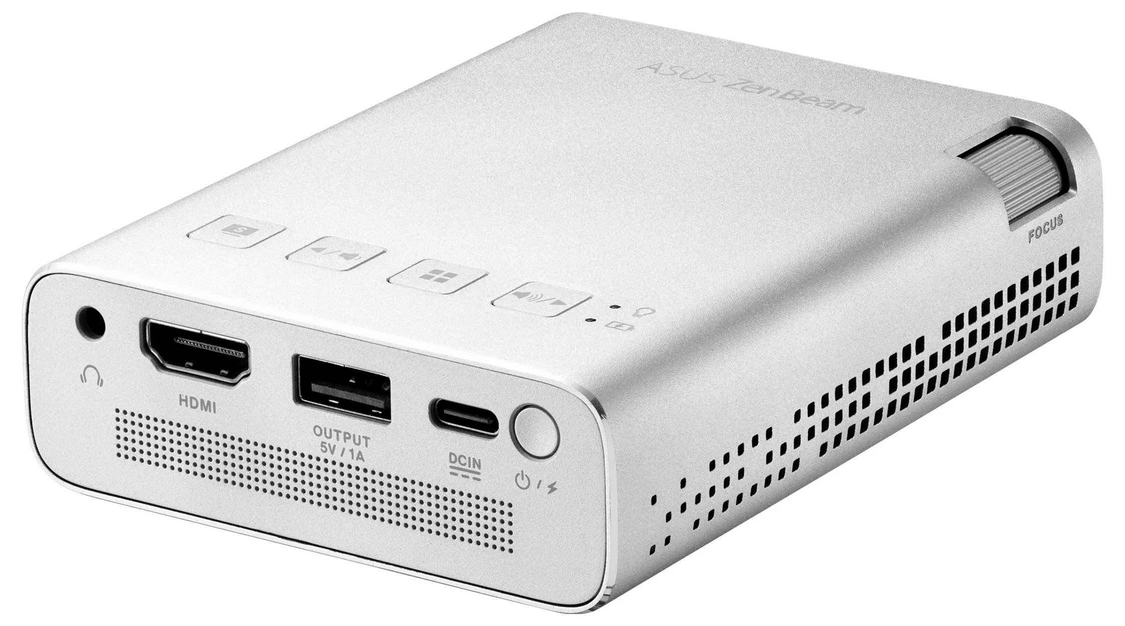 Tragbarer Mini-Projektor mit HDMI-, USB- und Stromanschlüssen, Fokussierungsrad auf der Oberseite, Marke ASUS.