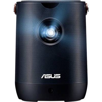 Ein kompakter, schwarzer ASUS-Tragprojektor mit einer leuchtenden Linse, entwickelt für Heimunterhaltung und Präsentationen.