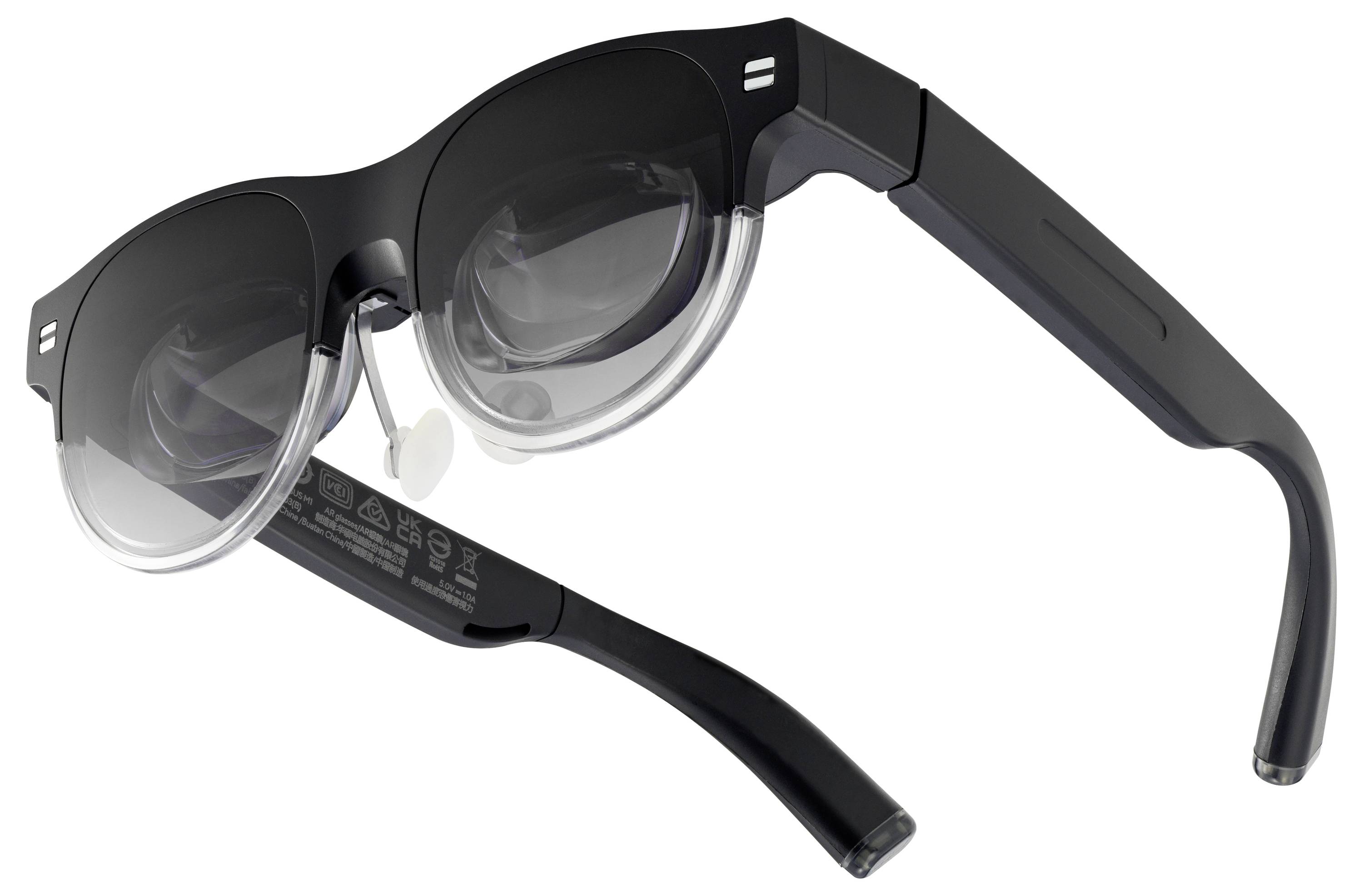 Eine Brille aus schwarzem Augmented-Reality-Material mit transparenten Gläsern und elegantem Design, die moderne tragbare Technologie präsentiert.