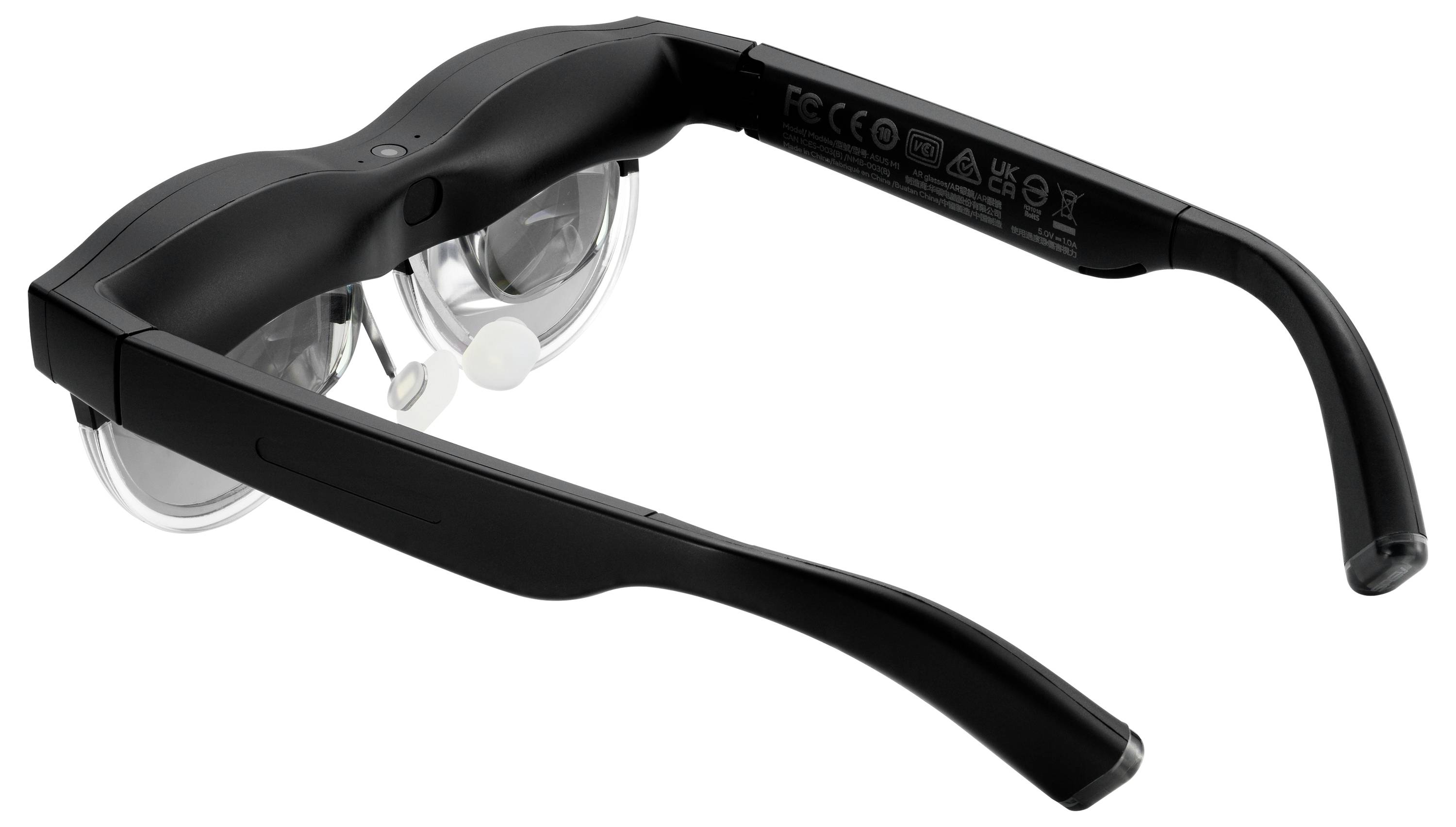 Smart-Brille mit transparenten Gläsern und einem schlanken schwarzen Rahmen.