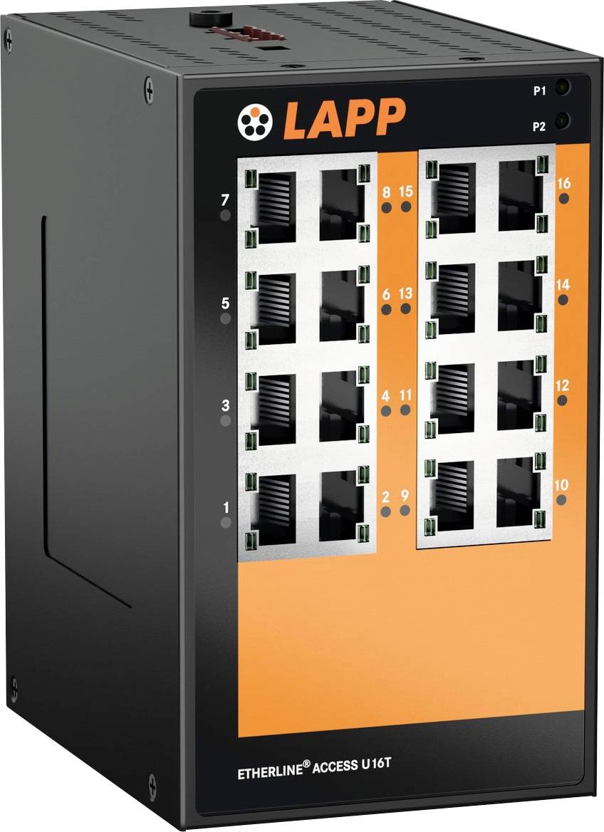LAPP-Ethernet-Switch mit 16 Ports, Modell "ETHERLINE ACCESS U 16T". Schwarzes und orangefarbenes Design, LED-Anzeigen mit den Bezeichnungen P1 und P2.