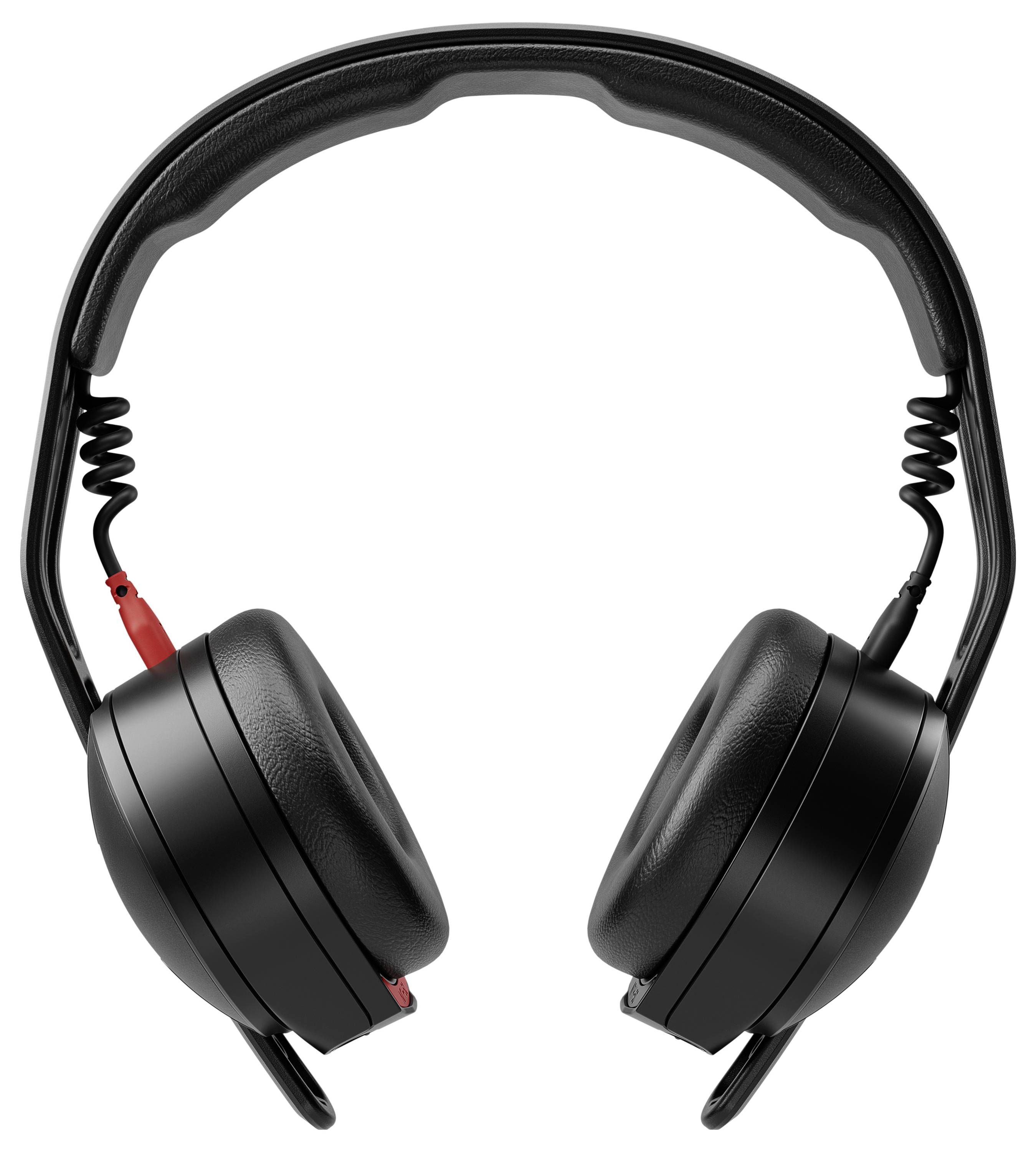 Schwarze Over-Ear-Kopfhörer mit gepolsterten Ohrmuscheln, verstellbarem Kopfbügel und spiralförmigen Kabeln, vor einem weißen Hintergrund.