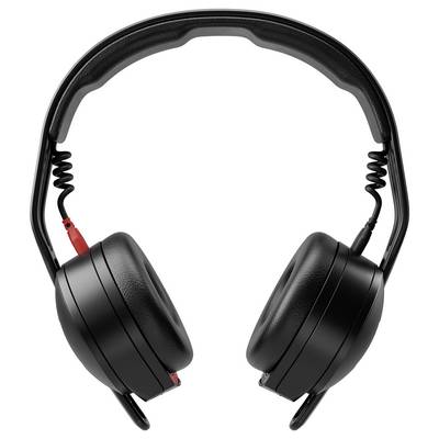 Schwarze Over-Ear-Kopfhörer mit gepolsterten Ohrmuscheln, verstellbarem Kopfbügel und spiralförmigen Kabeln, vor einem weißen Hintergrund.
