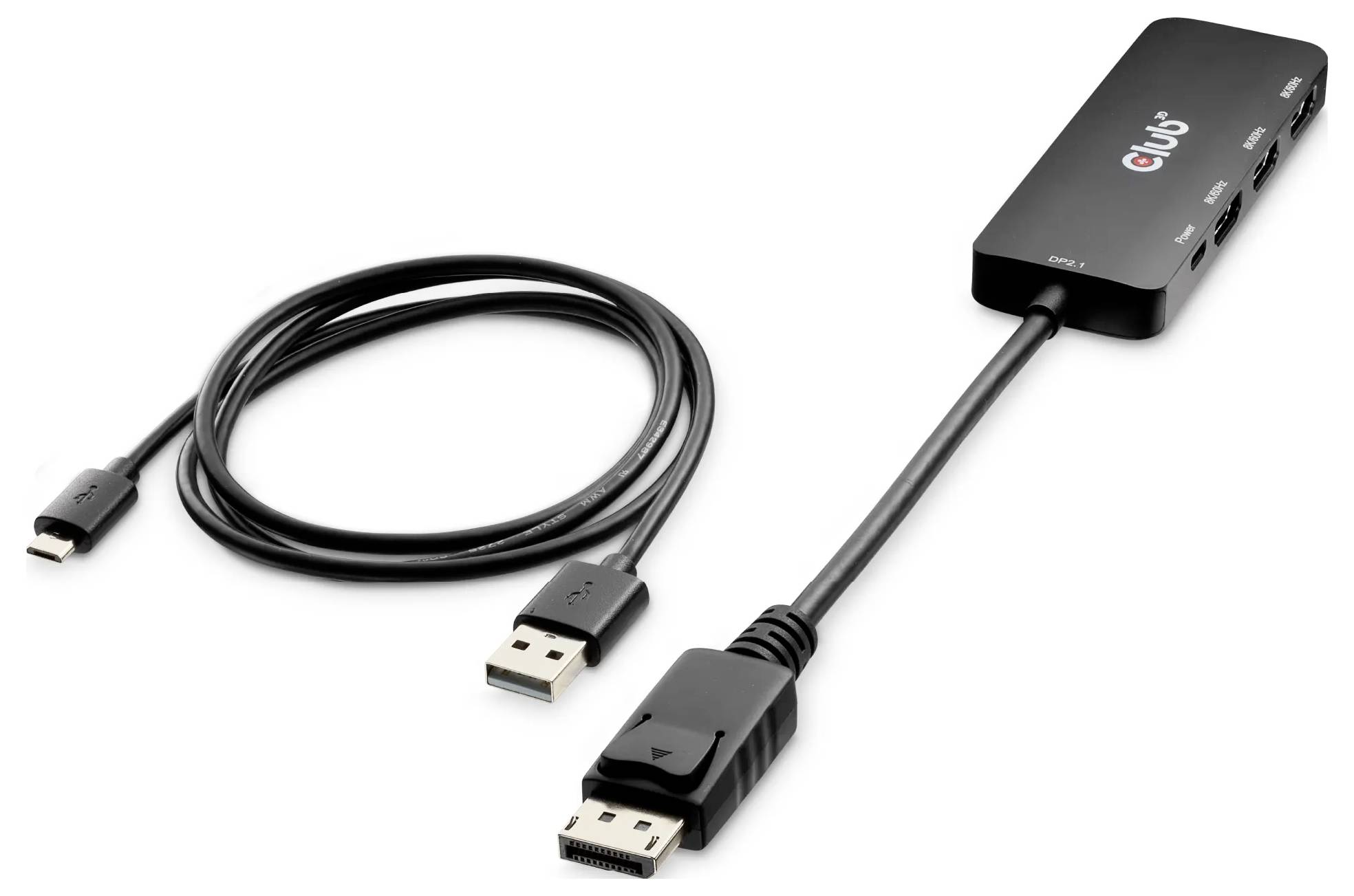 Eine USB-C Dockingstation mit mehreren Anschlüssen, darunter USB-C, USB-A und HDMI, zusammen mit zwei Kabeln: einem USB-A zu USB-C Kabel und einem USB-A Adapter.