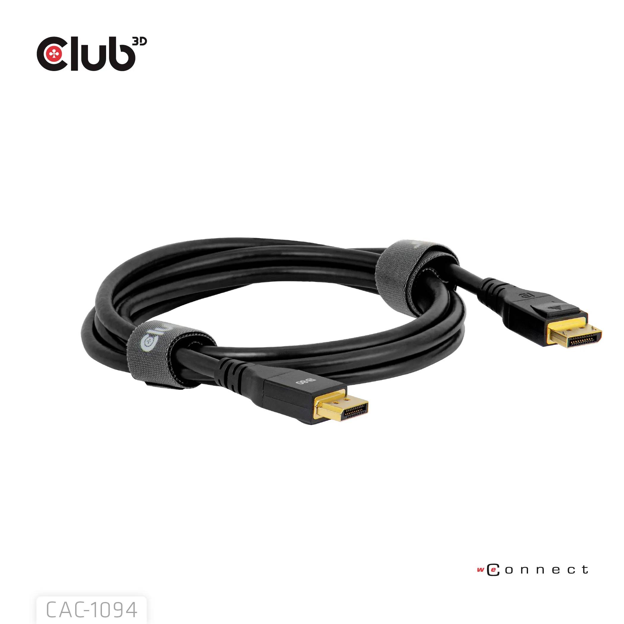 'Club 3D CAC-1094' HDMI-Kabel aufgewickelt. Schwarzes Kabel mit goldenen Anschlüssen, entwickelt zum Anschluss von Audio-Video-Geräten.