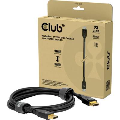 'Club 3D DisplayPort 2.1 VESA DP80 zertifiziertes Kabel, 8K240Hz, 2m, 6,6 Fuß.' Bild des Kabels und der Verpackung, Funktionen hervorgehoben.