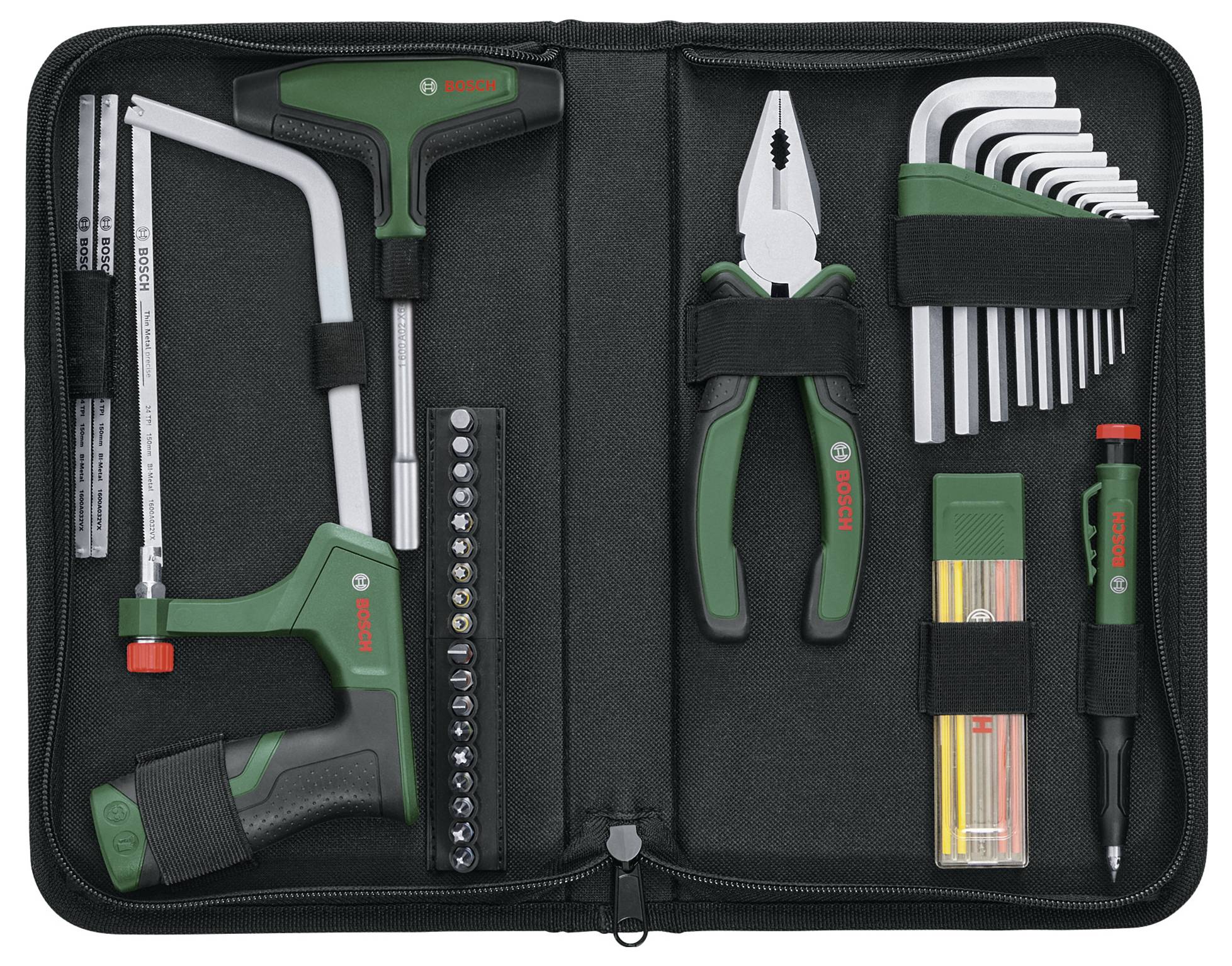 Ein Werkzeugset, bestehend aus einer Säge, Zangen, Inbusschlüsseln, Schraubendreher-Set und Messwerkzeugen, mit Griffen in Grün und Schwarz.