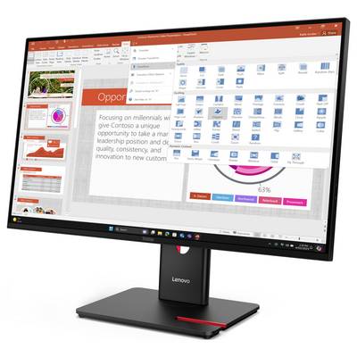 Lenovo-Computermonitor, der eine PowerPoint-Präsentation mit einem geöffneten Dropdown-Menü, verschiedenen Folien-Layouts und Designoptionen zeigt.