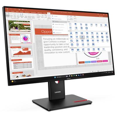 Ein Lenovo-Monitor, der eine PowerPoint-Präsentation mit Folien zeigt, die auf Geschäftschancen, Grafiken und Übergangstools fokussiert sind.