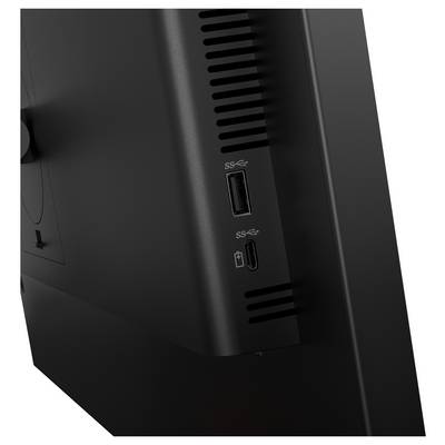 Nahaufnahme der Rückseite eines schwarzen Computermonitors mit zwei USB-Anschlüssen, die mit "SS" beschriftet sind.