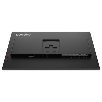 Rückansicht eines Lenovo-Monitors, die den Bereich der Halterung und verschiedene Anschlüsse wie HDMI, DisplayPort, USB und Stromanschluss zeigt.