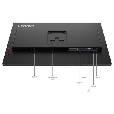 Rückansicht eines Lenovo-Monitors mit Bezeichnungen für Anschlüsse: Netzteil, Kensington-Schloss, DP 1.2, DP 1.4, HDMI 1.4, VGA, USB-A, USB-B.