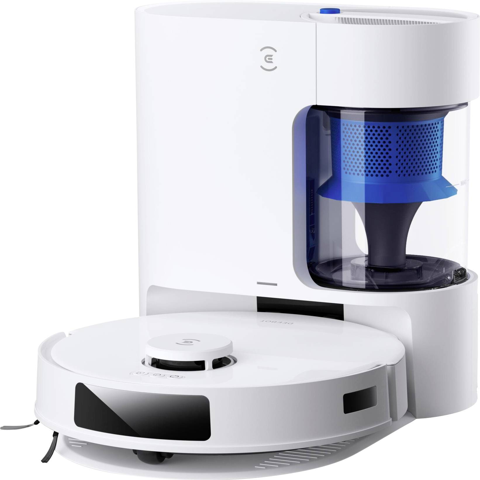 Ein weißer Saugroboter neben seiner Ladestation, mit einem sichtbaren blauen Filter im Inneren.