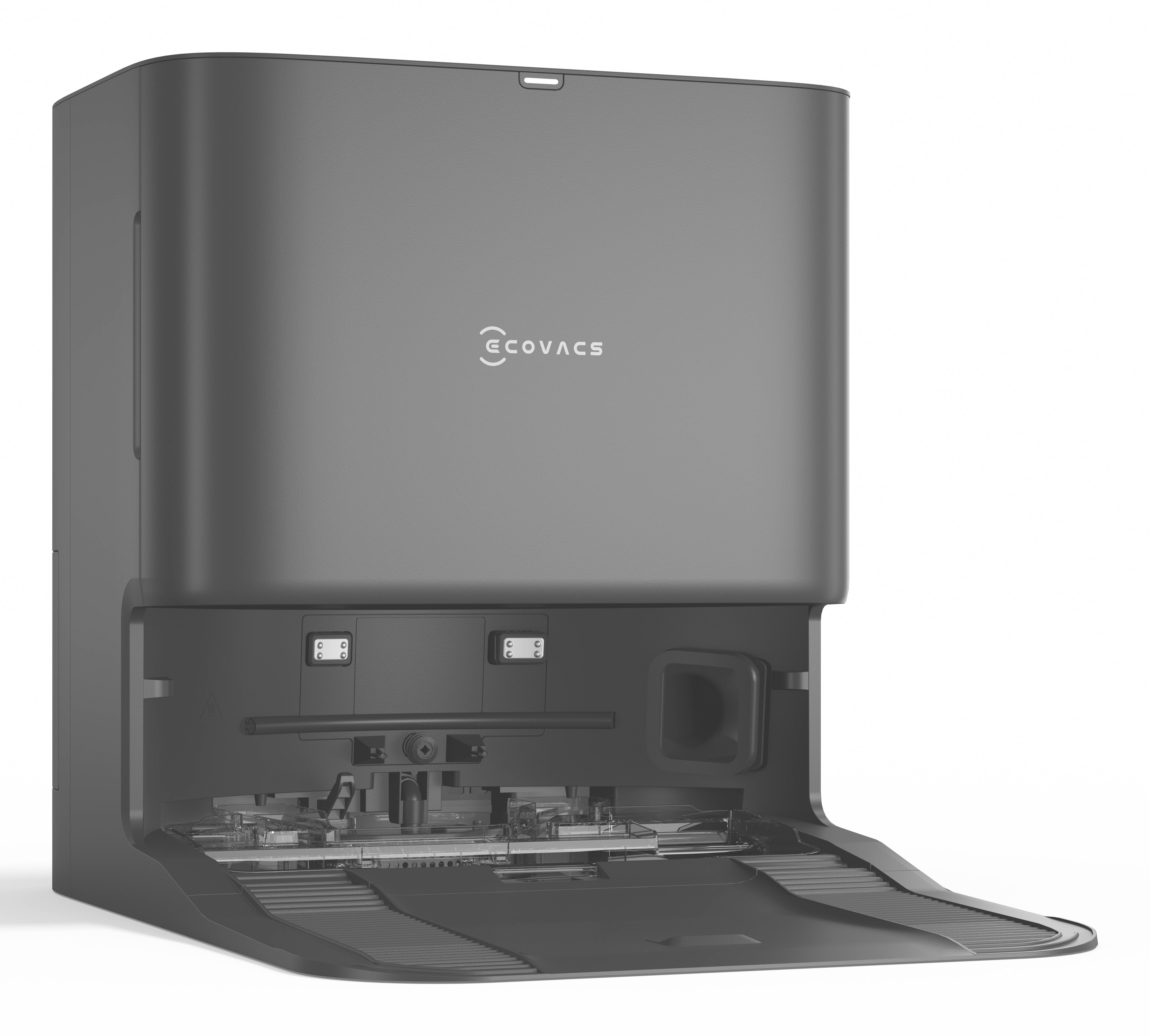 Eine schlanke, schwarze Ecovacs-Hausreinigungsgerät mit geöffneter Frontabdeckung, die seine für intelligentes Reinigen konzipierten Innenräume zeigt.