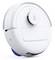 Ein weißer, kompakter Roboterstaubsauger mit kreisförmigem Design, ausgestattet mit einer zentralen Taste und blauen Bürsten, entwickelt für automatisierte Bodenreinigung.