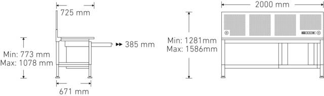 Technische Zeichnung einer Schreibtisch-Lösung mit zwei Ebenen mit Maßangaben: Schreibtischhöhe 773-1078 mm, Abstand zur oberen Ablage 385 mm und Gesamtbreite 2000 mm.