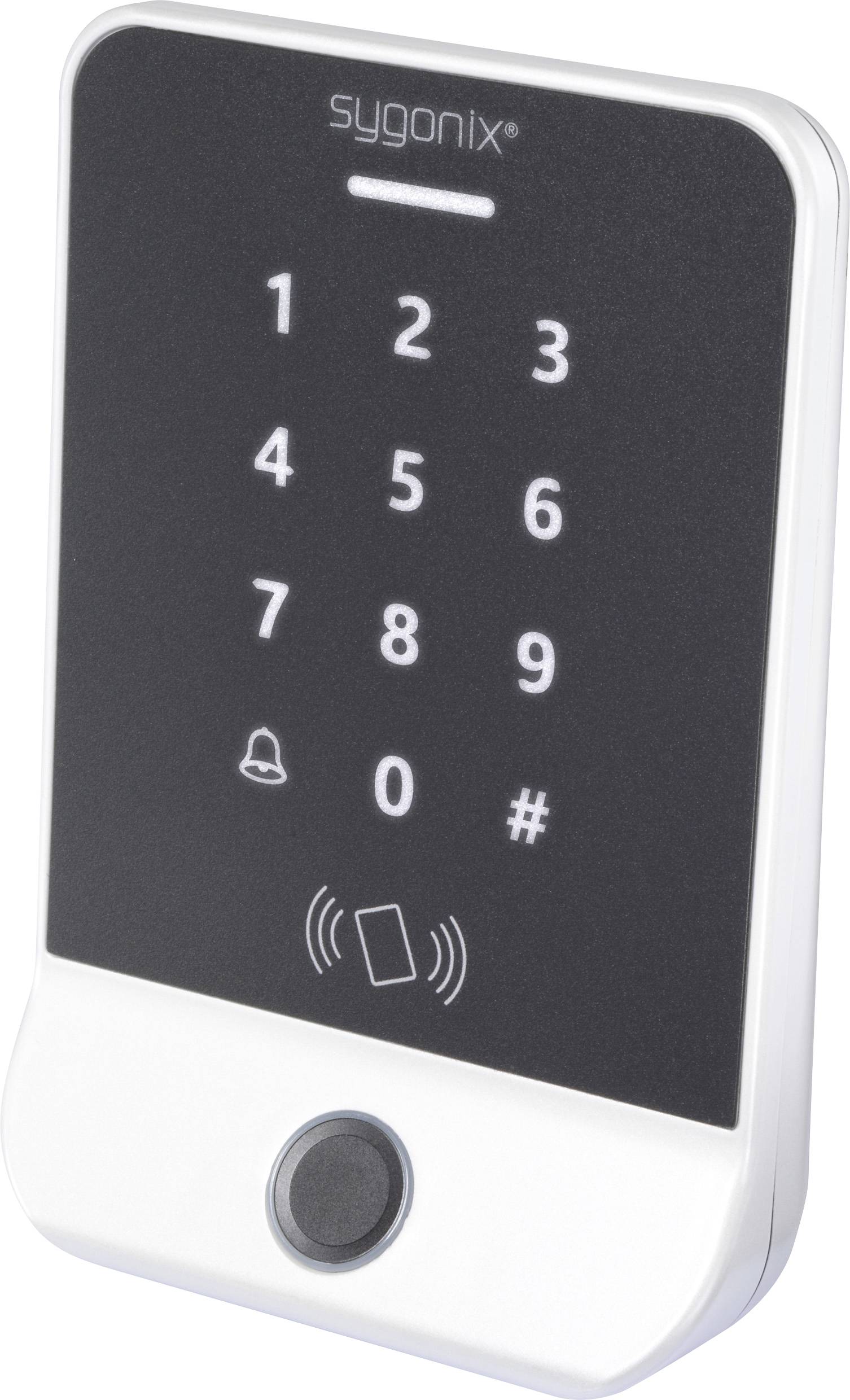 „Eine digitale Zugangstastatur mit den Ziffern 0-9, einem Glockensymbol, einem Nummernzeichen und einem Kartenlesesensor. Gibt eine Sicherheitssystemschnittstelle an."