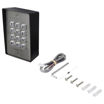 Eine metallische Tastatur mit den Zahlen 0-9 und einem Symbol, begleitet von Installationszubehör einschließlich Schrauben, Wandsteckern und einem Draht.