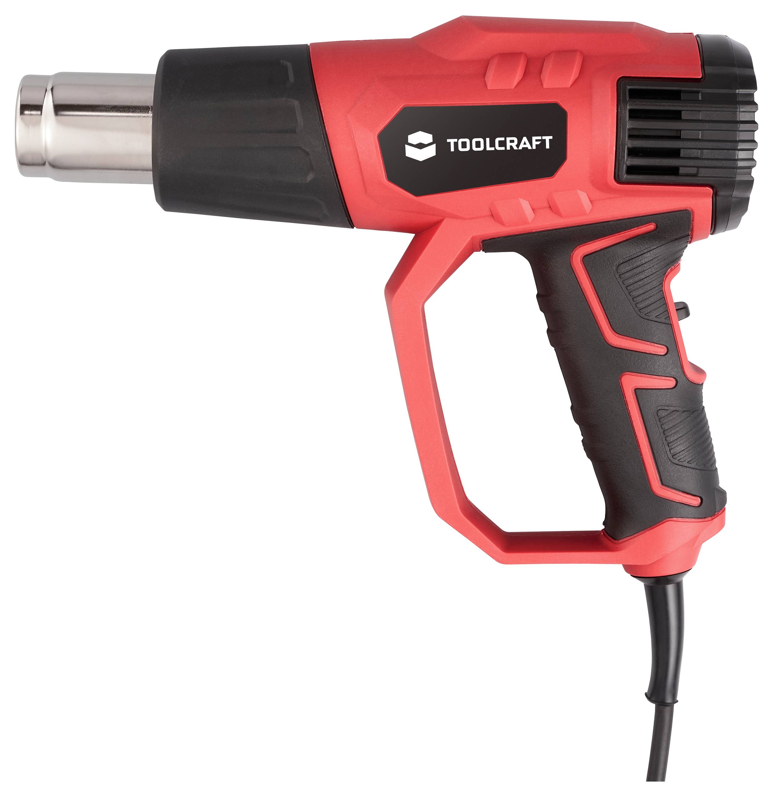 Eine rot-schwarze tragbare Heißluftpistole mit einer Seitenlüftung, ergonomischem Griff und einem Stromkabel, mit der Marke „TOOLCRAFT" auf der Seite.