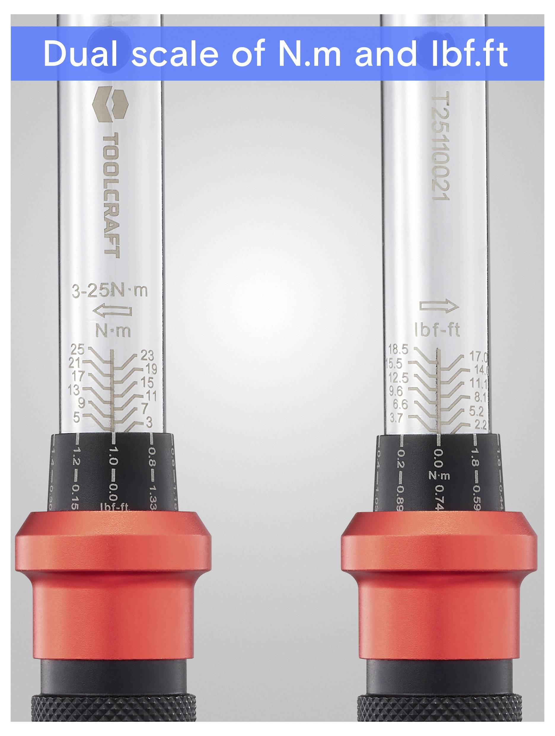„TORQUE" Drehmomentschlüssel mit Doppelskala mit Messwerten in N.m und lbf.ft.