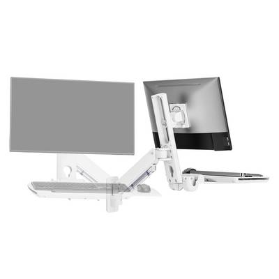 Zwei verstellbare Wandhalterungen für Monitore, eine davon einen Monitor tragend, die andere einen Tastatur- und Monitorhalter, die einen ergonomischen Arbeitsplatz-Aufbau veranschaulichen.