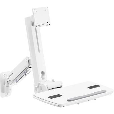 Eine weiße, verstellbare Halterung für Monitor und Tastatur, die für Büroschreibtische konzipiert ist, ermöglicht flexible Positionierung für ergonomische Nutzung.