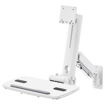 Ein verstellbarer weißer Wandmontierter Arbeitsplatz-Arm, der zum Aufnehmen von Monitor und Tastatur entwickelt wurde und ergonomische Flexibilität für Steh-Schreibtische bietet.