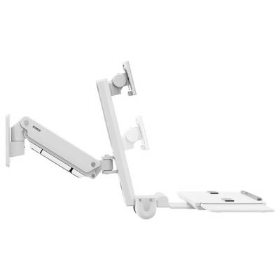 Ein weißer, verstellbarer Wandhalter für Monitor und Tastatur mit mehreren Gelenken und Befestigungspunkten für eine ergonomische Arbeitsplatzgestaltung.