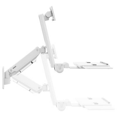 Ein weißer, verstellbarer Dual-Monitor-Armständer mit zwei Ebenen für Monitore und Tastaturhalterungen, entwickelt für eine ergonomische Arbeitsplatzeinrichtung.
