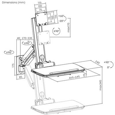 'Abmessungen (mm)' technische Zeichnung eines verstellbaren Schreibtischarms, die den maximalen Bereich und die Winkel für Höhen-, Tiefen- und Neigungseinstellungen zeigt.