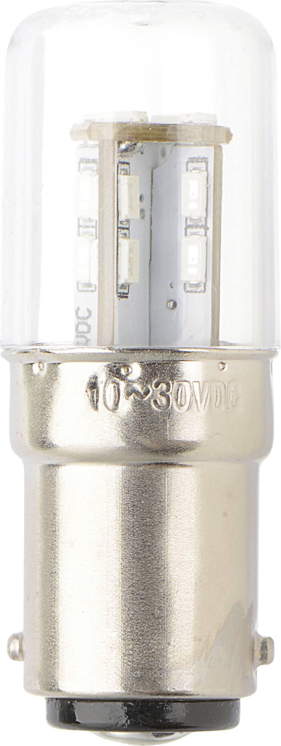 LED-Leuchtmittel mit transparenter Abdeckung und Metallsockel, gekennzeichnet mit '10-30VDC', für elektrische Anwendungen konzipiert.