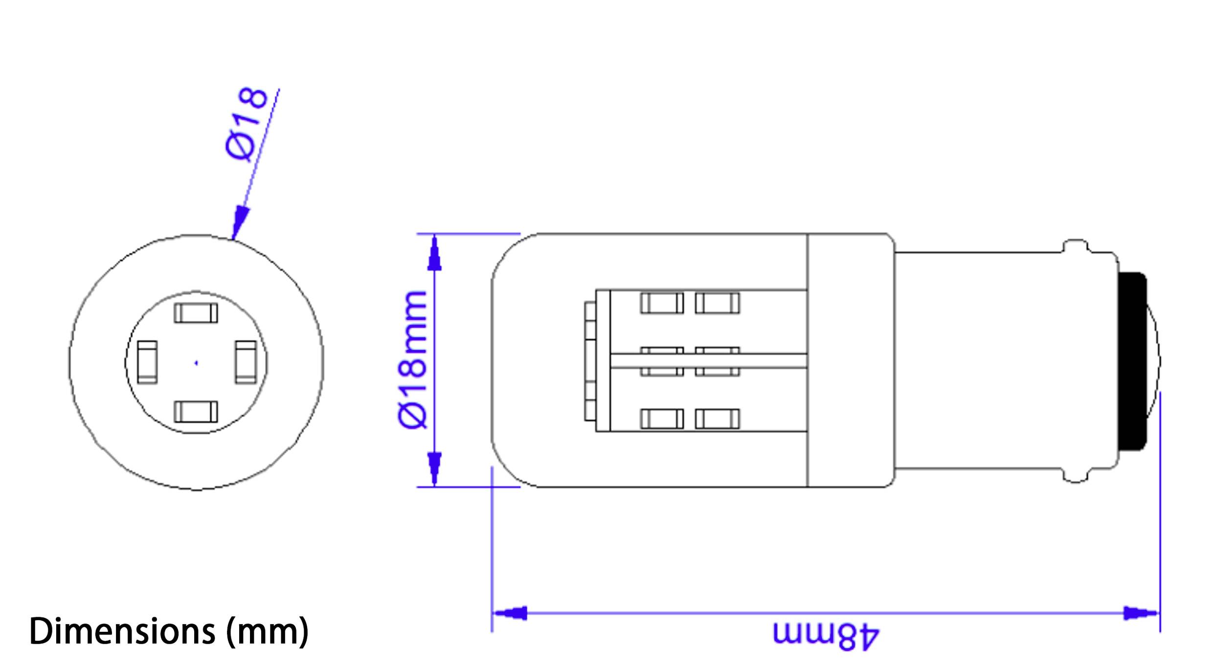 Technische Zeichnung einer LED-Glühbirne, Seiten- und Draufsicht, mit Maßangaben: 48 mm Länge, 18 mm Durchmesser.
