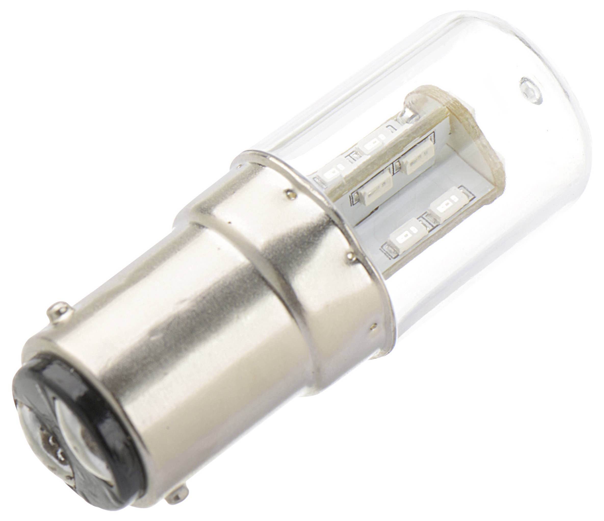 Eine klare LED-Lampe mit zylindrischer Form und metallischer Basis, bei der die internen kleinen LED-Lichter sichtbar sind.