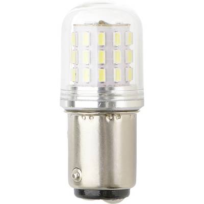 Eine Nahaufnahme einer LED-Glühbirne mit mehreren gelben Dioden in einem zylindrischen, transparenten Gehäuse auf einer Metallbasis.
