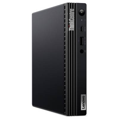 Ein kompakter Lenovo ThinkCentre Desktop mit elegantem schwarzem Design und vorderen Anschlüssen für USB und Audioverbindungen.