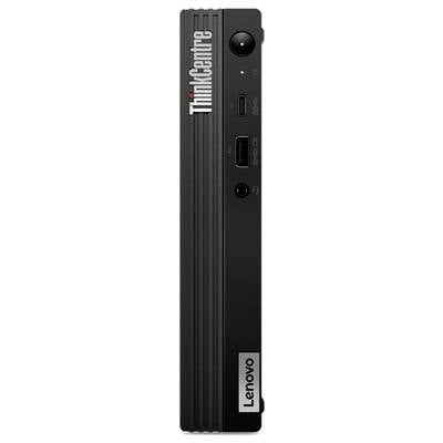 Frontansicht eines schwarzen Lenovo ThinkCentre, der USB-Anschlüsse, Audioeingang und Einschaltknopf zeigt, mit vertikaler Markenbeschriftung.