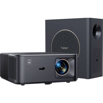 Yaber Home-Projektor und Soundsystem mit JBL-Klang, ausgestattet mit elegantem schwarzem Design und hervorgehobener Linse für ein verbessertes Audio-Visuell-Erlebnis.