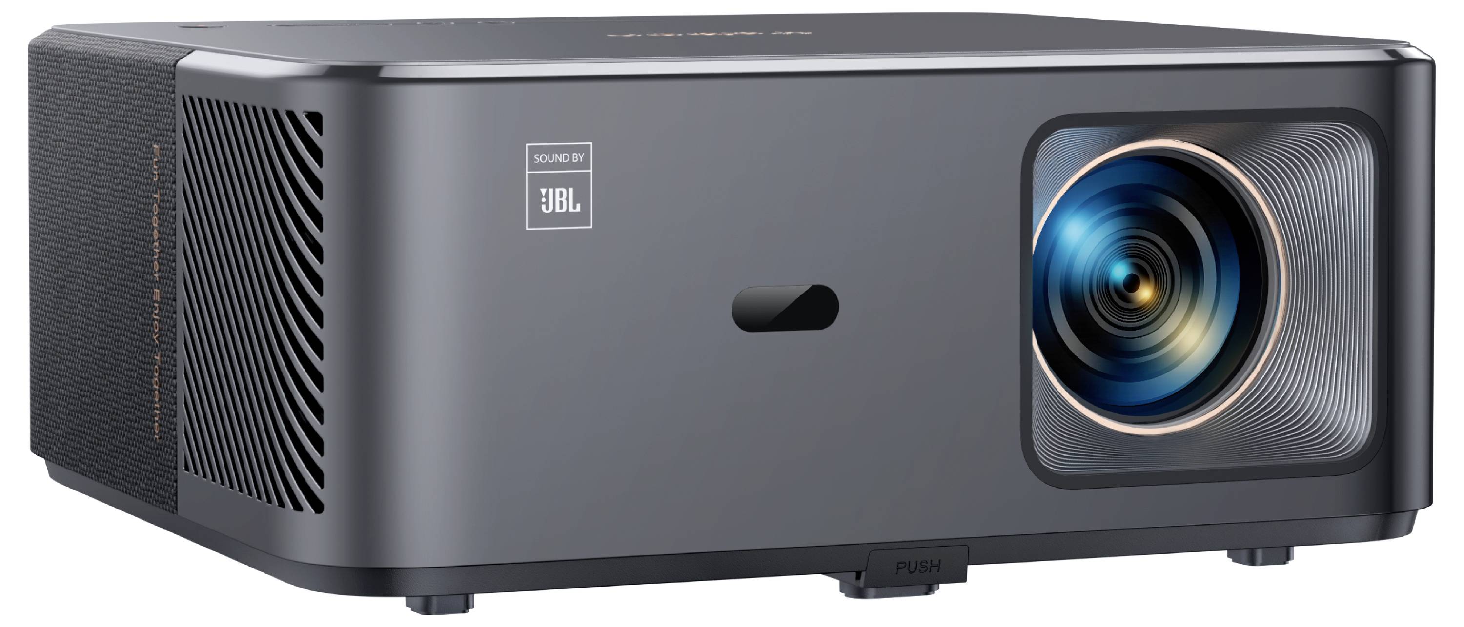 Ein schlanker, moderner Projektor mit einem markanten Objektiv und dem 'Sound by JBL' Logo, entwickelt für hochwertige Audio-visuelle Erlebnisse.