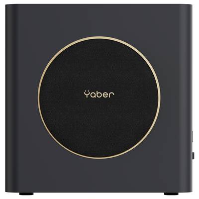 Ein dunkelgrauer elektronischer Apparat mit einem runden Lautsprechergitter, in dessen Mitte "Yaber" beschriftet ist und der von einem goldfarbenen Ring umrandet ist.