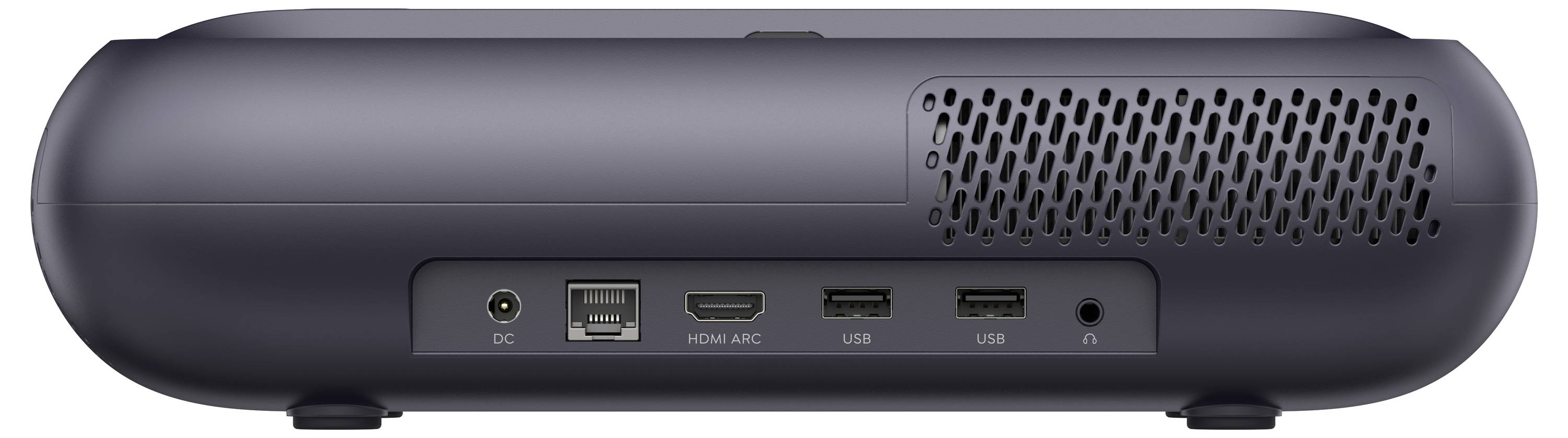 Eine Nahaufnahme der Rückseite eines elektronischen Geräts, die Anschlüsse mit den Bezeichnungen DC, HDMI ARC, USB, USB und einen Audioeingang zeigt.