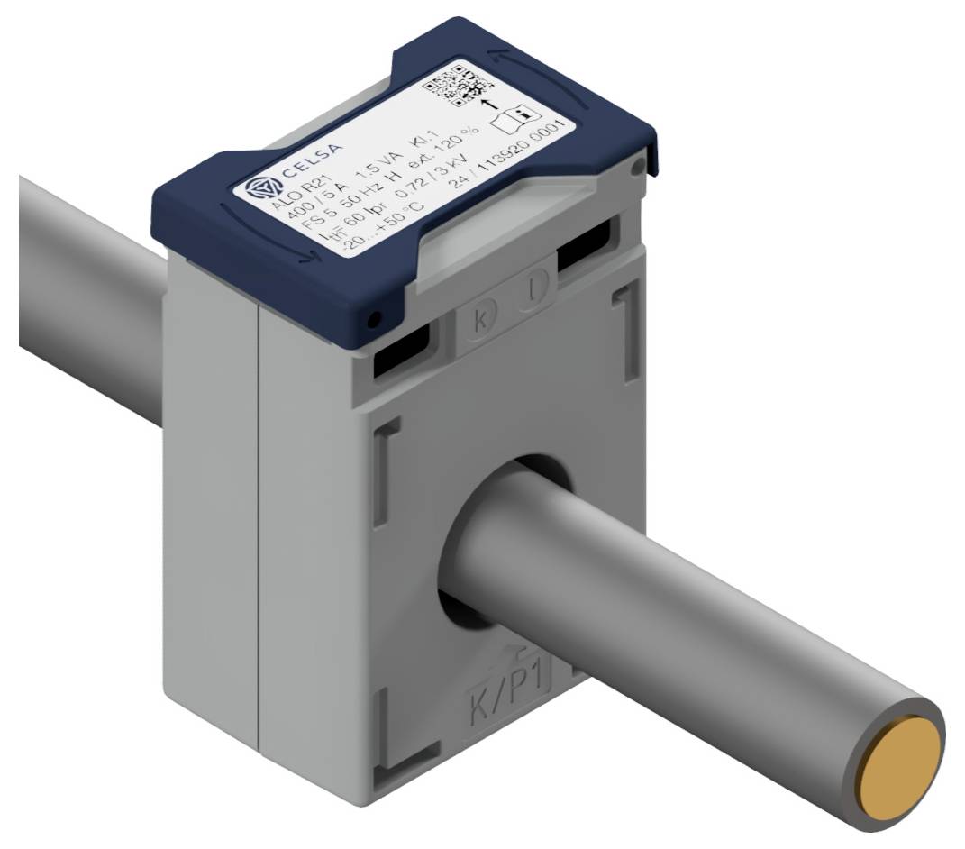 Ein grau-blaues elektrisches Gerät mit einer zylindrischen Metallstange, die eingesetzt ist. Es verfügt über einen QR-Code und beschrifteten Text mit technischen Spezifikationen.