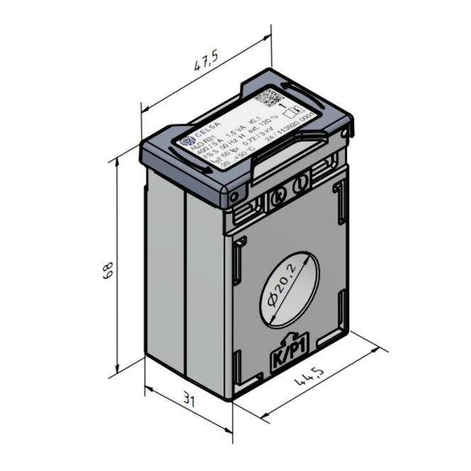 Eine 3D-Grafik eines rechteckigen elektrischen Geräts mit Abmessungen: Breite 47,5 mm, Höhe 68 mm, Tiefe 31 mm; mit der Beschriftung 'KPI'.