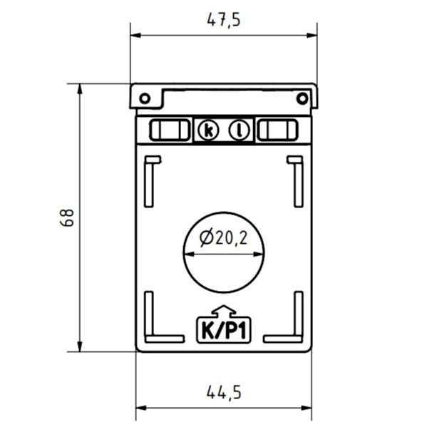Diagramm eines rechteckigen Objekts mit der Bezeichnung 'K/P1' und den Abmessungen: 47,5 x 68 Einheiten. Zentraler Kreis mit einem Durchmesser von 20,2 Einheiten.