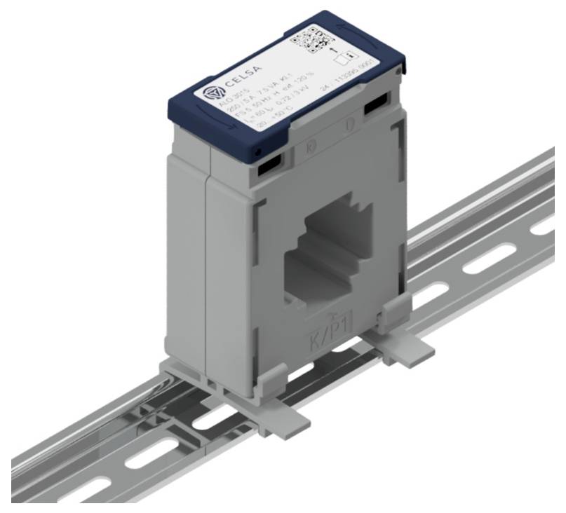 Ein quadratisches elektrisches Gerät mit der Aufschrift 'Celsa' oben, montiert auf einer Metallschiene, wahrscheinlich ein Stromwandler, mit grauem Gehäuse und blauer oberer Abdeckung.