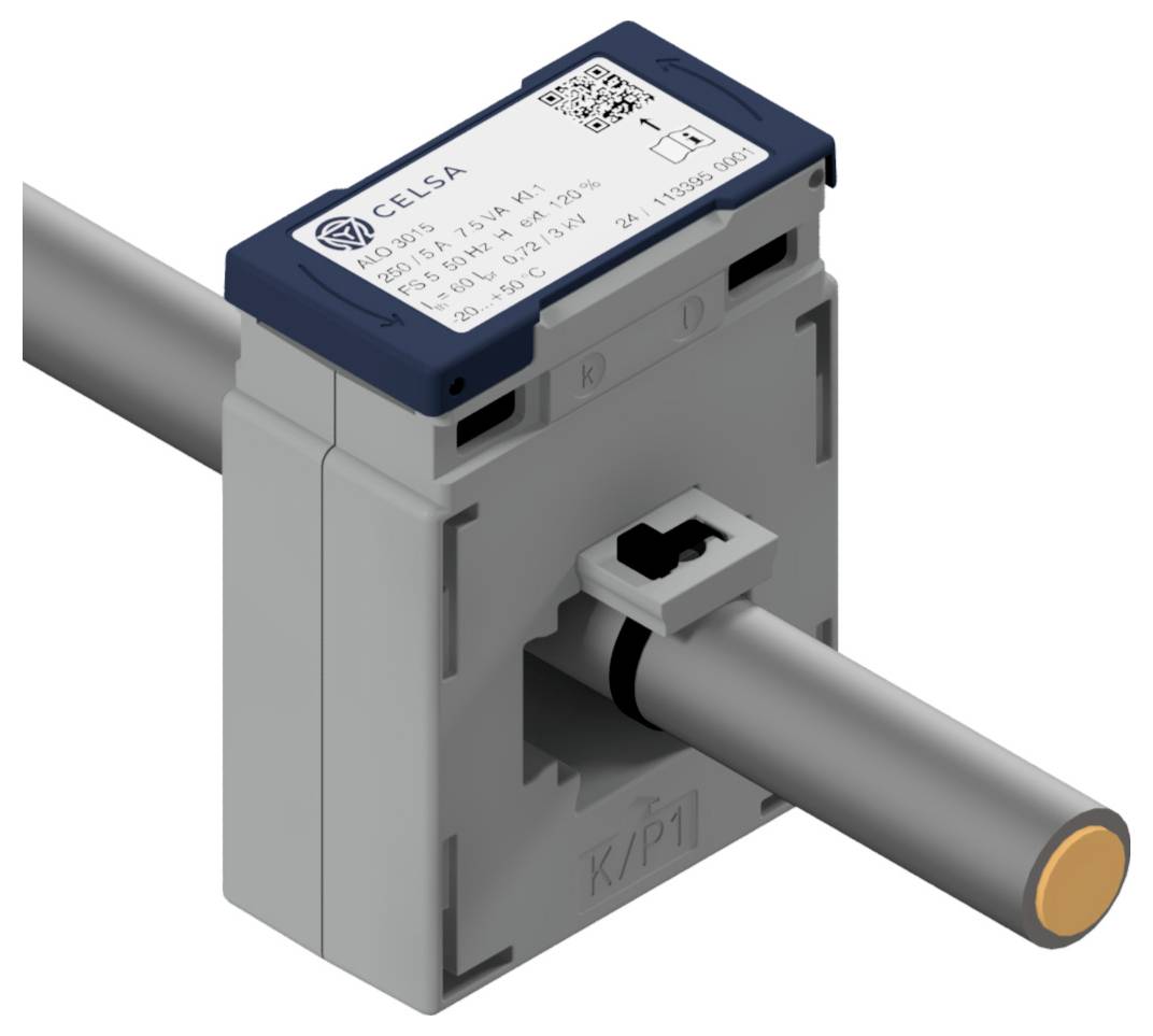 Eine graue und blaue elektrische Komponente mit der Aufschrift 'CELSA' und einem QR-Code oben, die mit einer Metallstange verbunden ist.