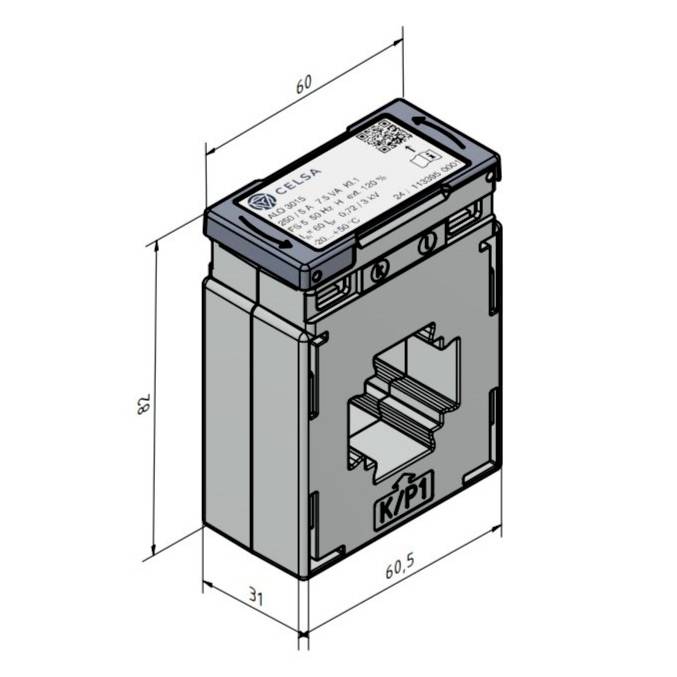 Elektrisches Gerät mit beschrifteten Abmessungen: Breite 60 mm, Höhe 82 mm, Tiefe 31 mm; Marke 'Celsa', Modell 'KP1'.
