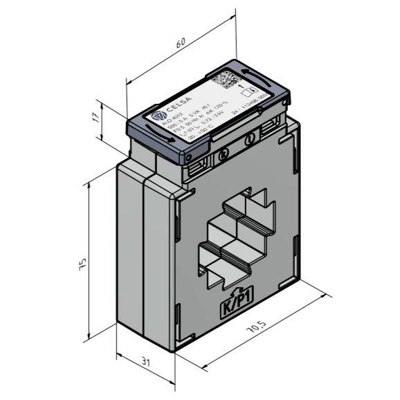 'KIP1 Celsa' Geräte-Diagramm mit Maßangaben: Breite 31 mm, Höhe 75 mm, Tiefe 70,5 mm. Oberes Etikett enthält QR-Code und Text.