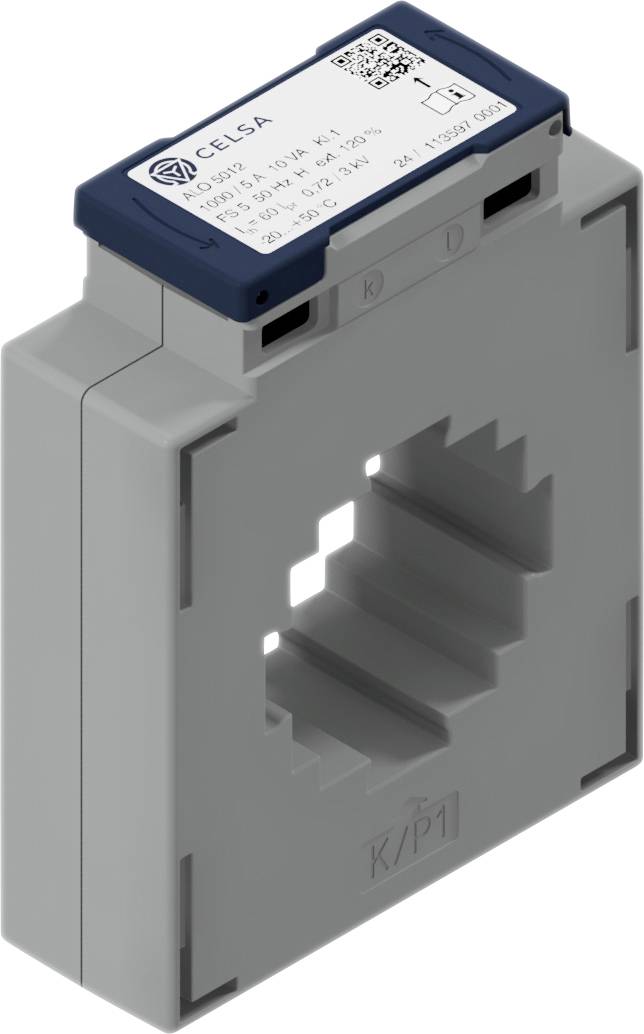 Ein rechteckiger elektrischer Stromwandler mit einer zentralen quadratischen Öffnung und einer Beschriftung oben, die Spezifikationen anzeigt.