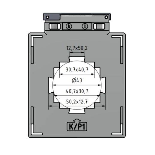 Technische Zeichnung mit Abmessungen einer rechteckigen Komponente mit kreisförmiger Mitte, beschriftet mit 'K/P1'. Maße umfassen 12,7 x 50,2 und Ø43.