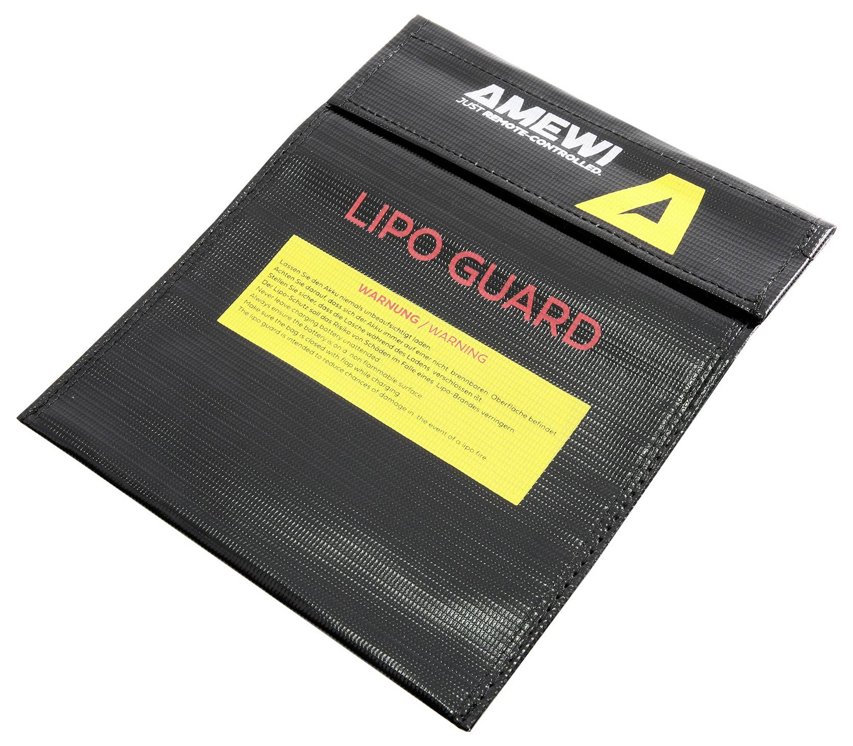 Eine schwarze Schutzschutzhülle mit der Aufschrift "LIPO GUARD" und einem gelben Warnbereich auf der Vorderseite, entwickelt für Lithium-Polymer-Batterien.